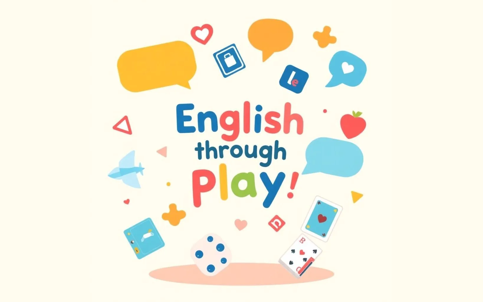 Ilustrație cu bule de dialog, cărți de joc, un zar și textul „English through Play”