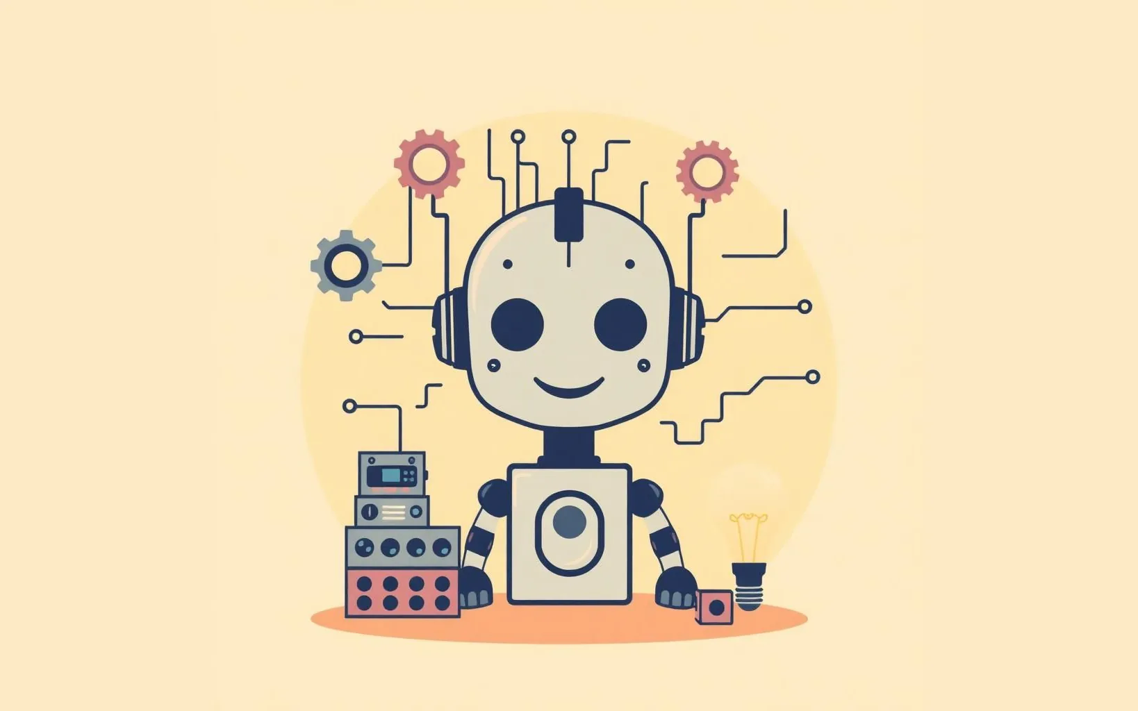 Ilustrație cu un robot zâmbitor, rotițe, trasee de circuit imprimat și un bec aprins