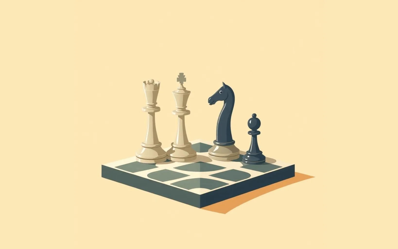 Ilustrație cu o tablă de șah și patru piese: damă, rege, cal și pion